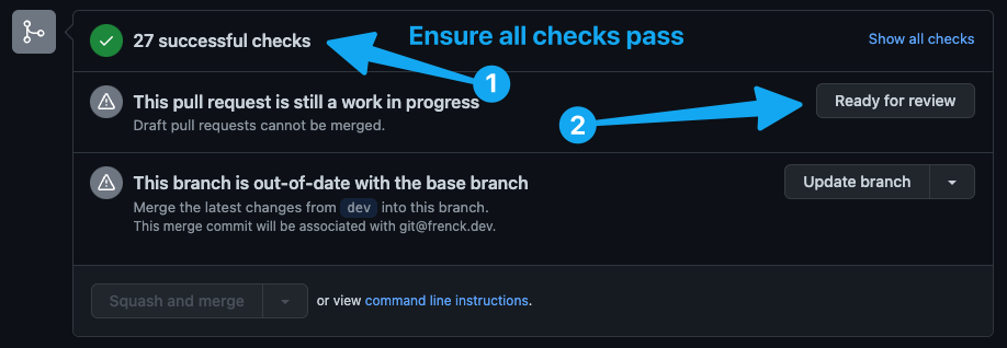 The ready for review button in the bottom of a PR in draft mode